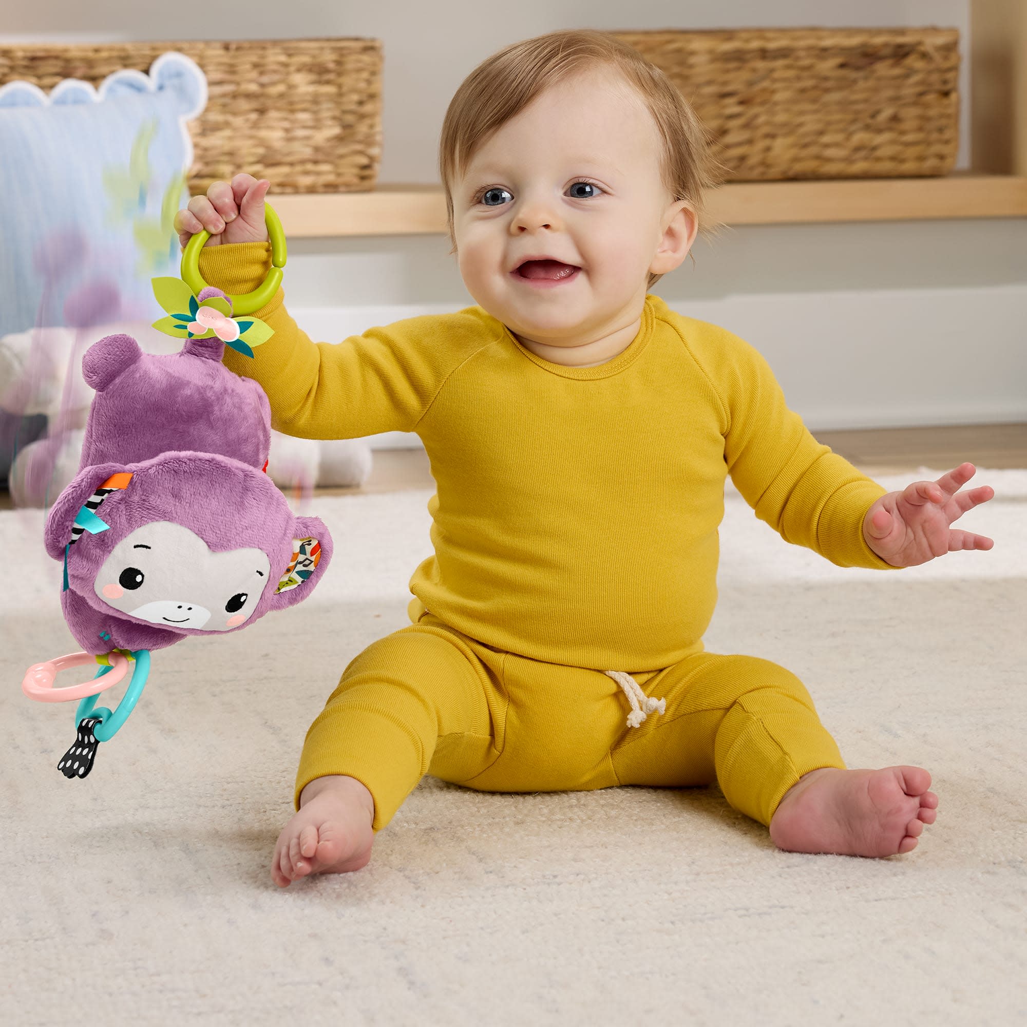 Fisher-Price Sing & Go Purple Monkey Plush Baby Stroller Sensory Toy for Newborns - Image 4