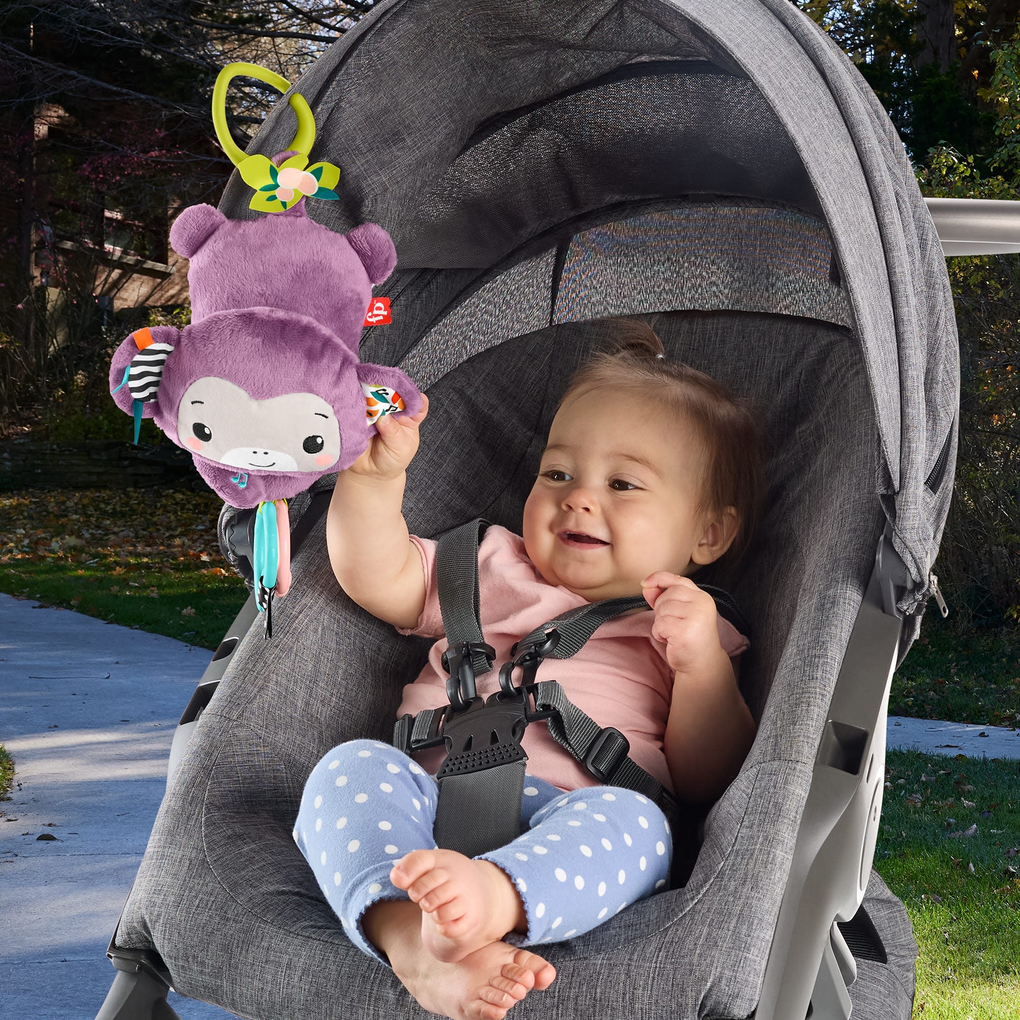 Fisher-Price Sing & Go Purple Monkey Plush Baby Stroller Sensory Toy for Newborns - Image 6